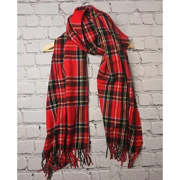 J Crew Classic Plaid Scarf Rubenson Red Fringe Accent Fall Winter Staple - Picture 1 of 7